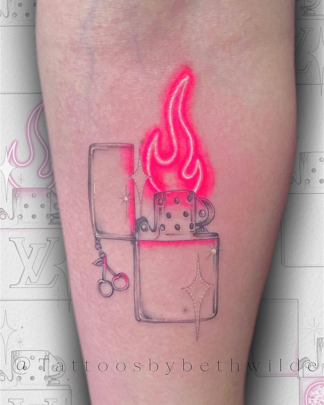 Vibrant Neon Lighter Tattoo with Flame Design Tattoo Design