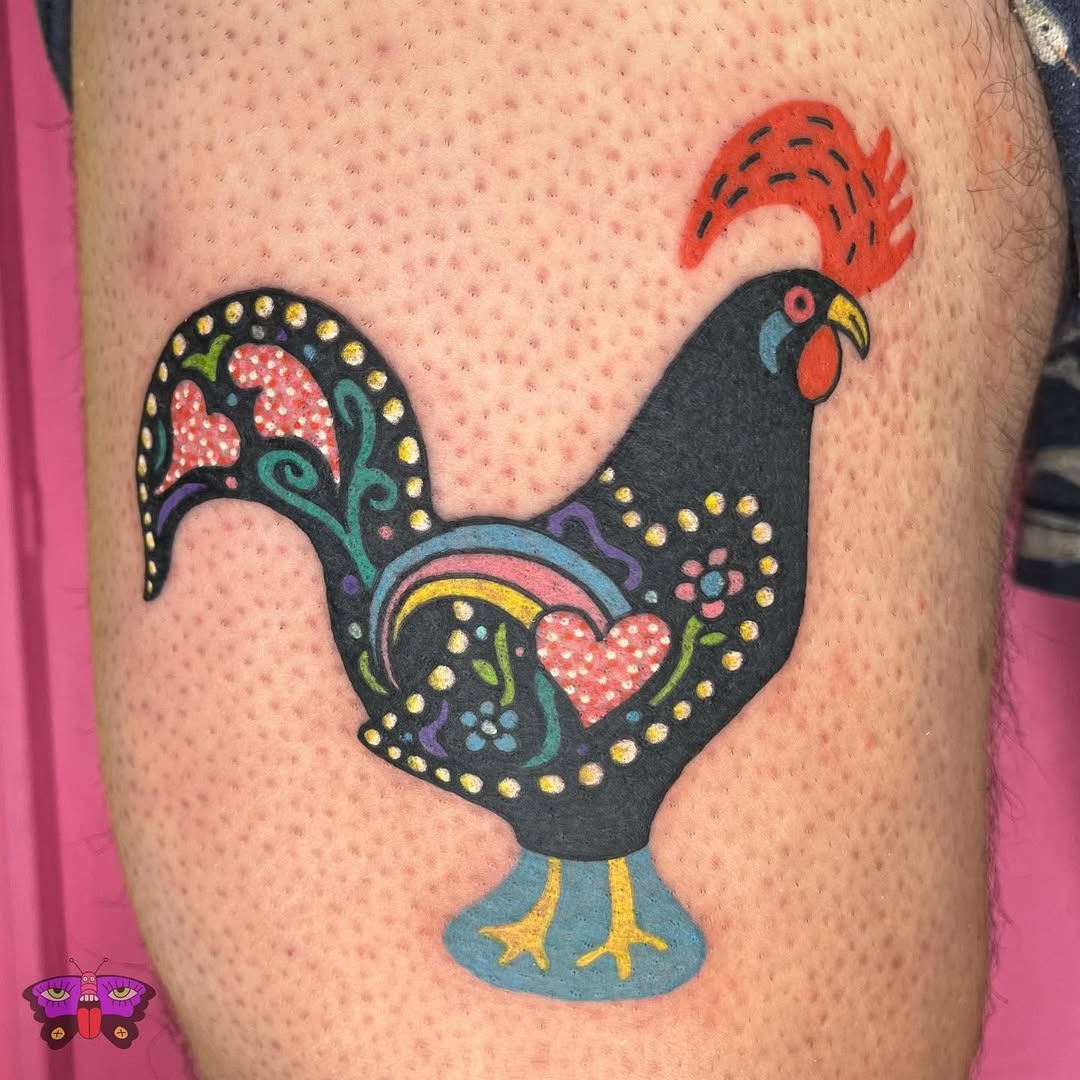 Vibrant neon rooster tattoo with intricate designs Tattoo Design