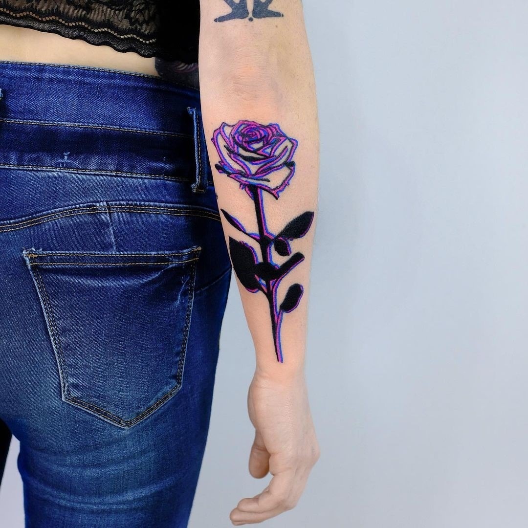 Vibrant Neon Rose Tattoo on Forearm Tattoo Design