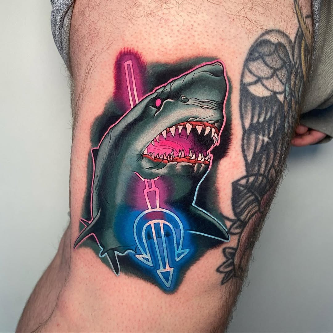 Vibrant neon shark tattoo with striking colors Tattoo Design