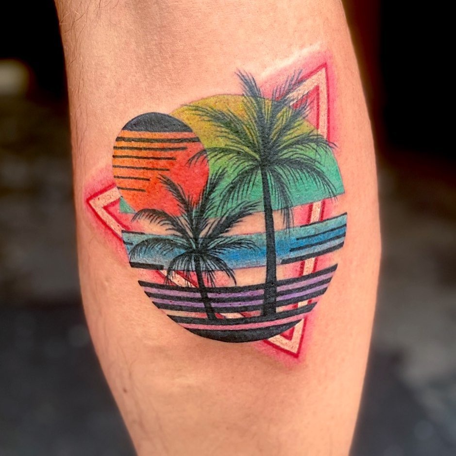 Vibrant Neon Sunset with Palm Trees Tattoo Design