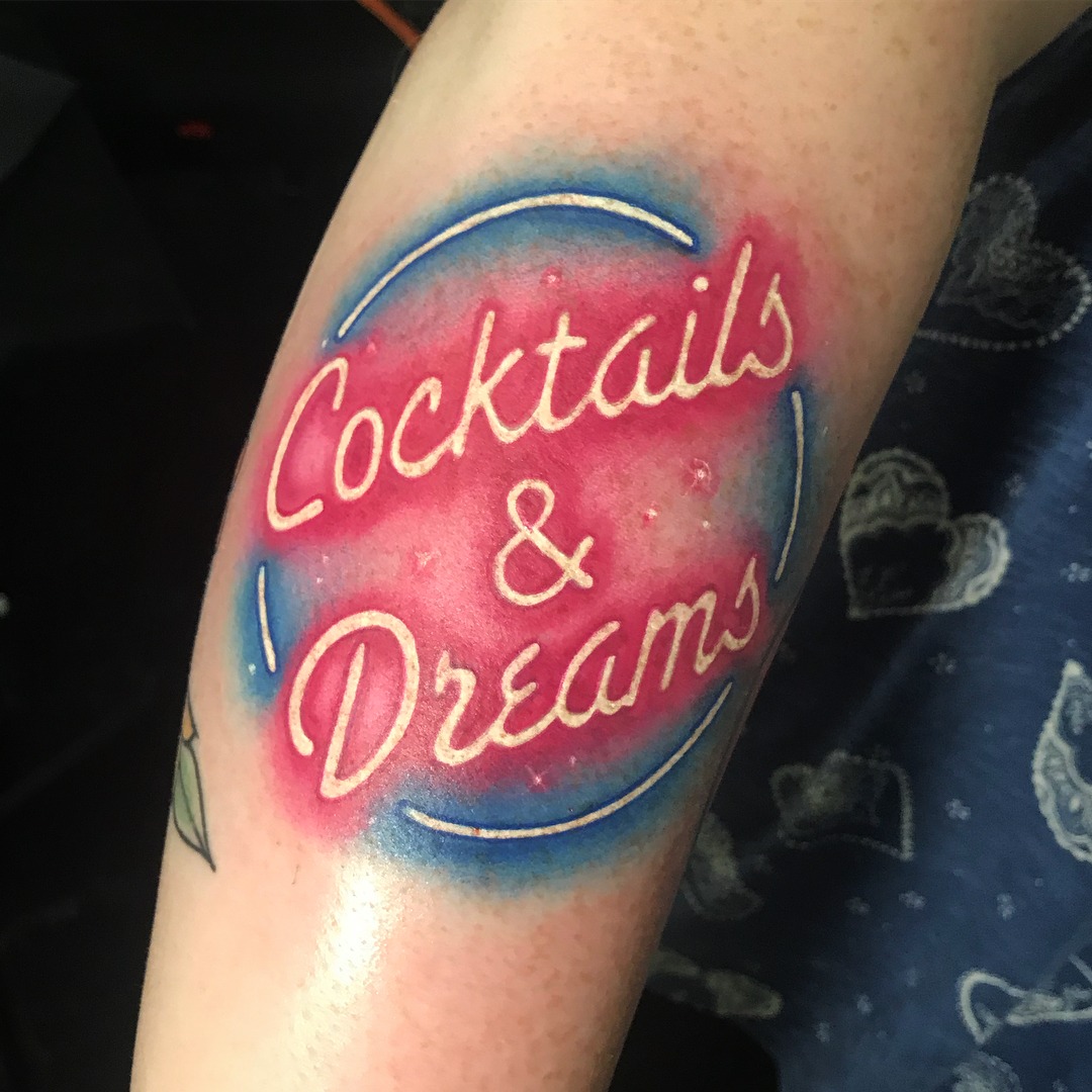 Vibrant Neon Tattoo of Cocktails & Dreams Tattoo Design