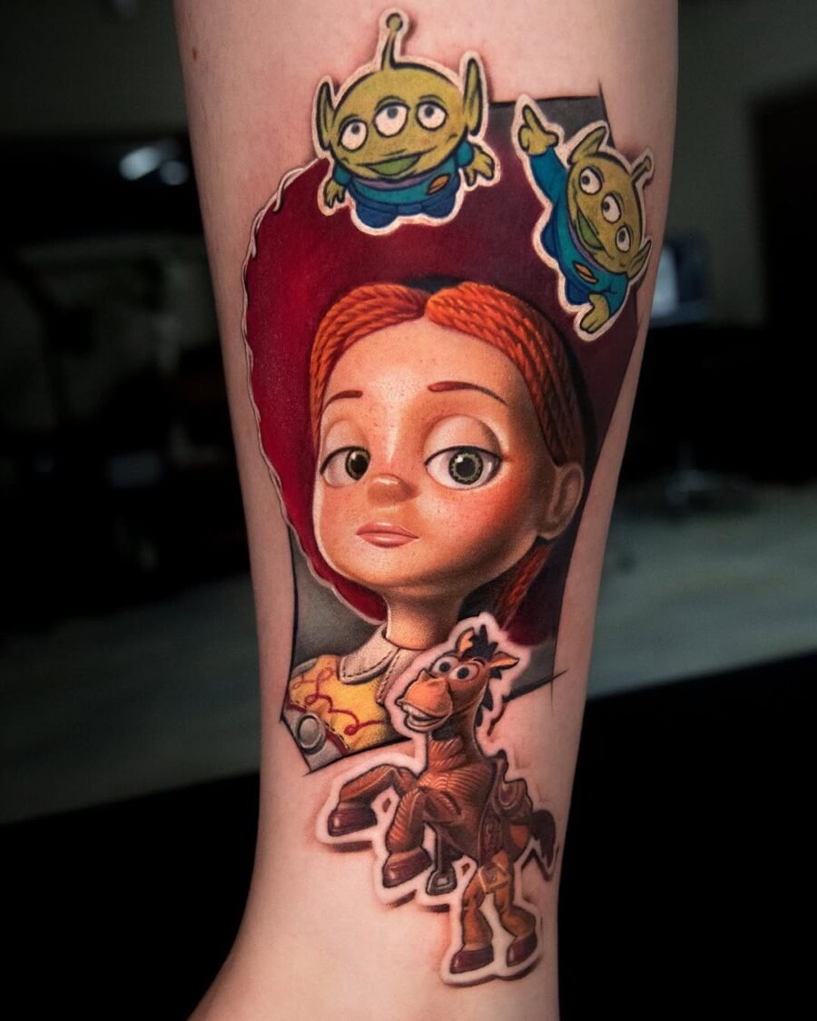 This tattoo features beloved characters from Toy Story, showing colors and detailed artistry.