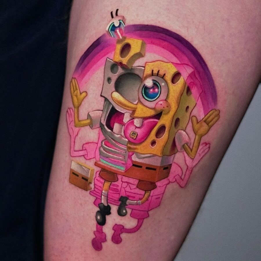 This SpongeBob tattoo bursts with playful energy, bringing the beloved character to life with colors.
