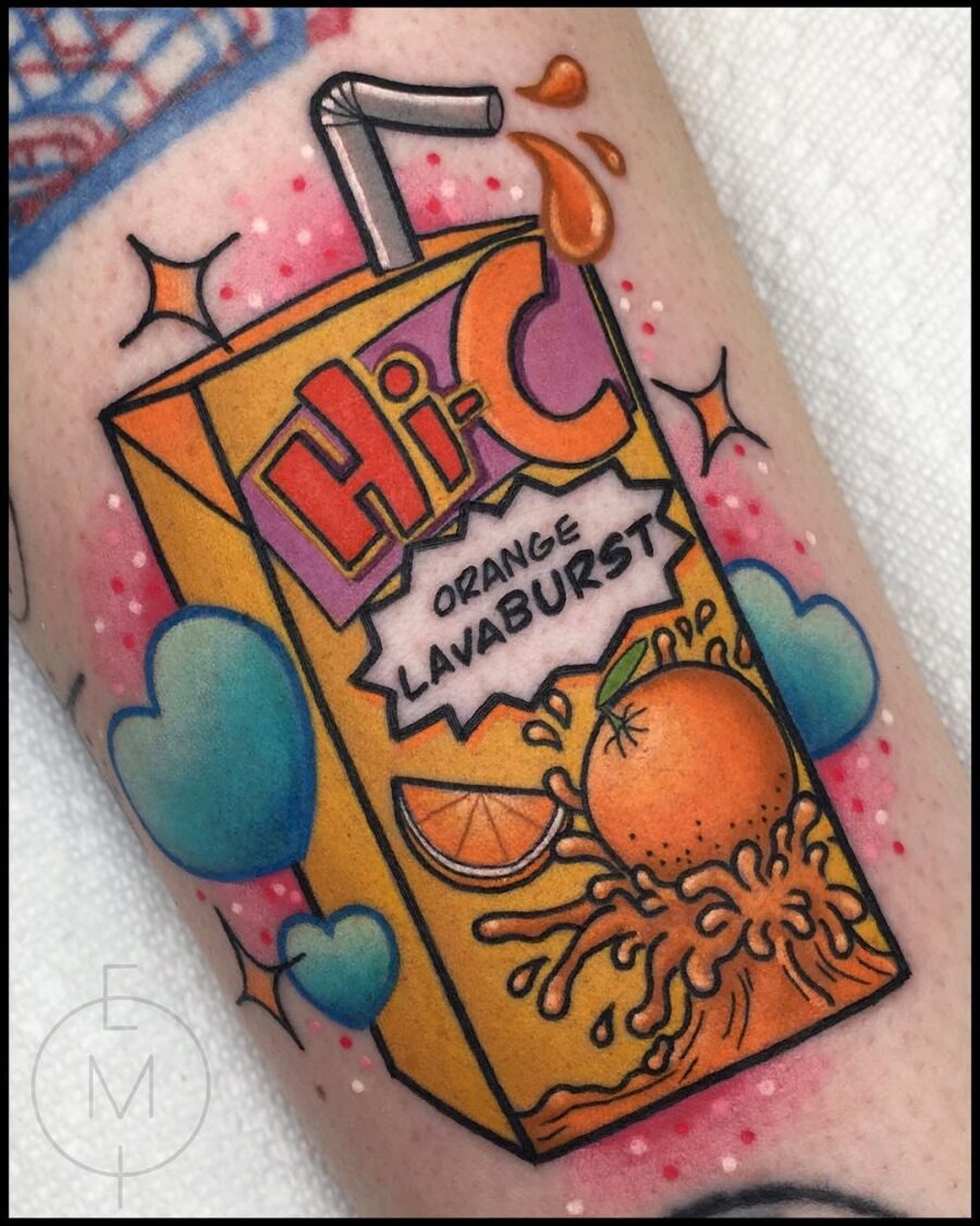 This colorful tattoo features a cartoonish juice box bursting with excitement.