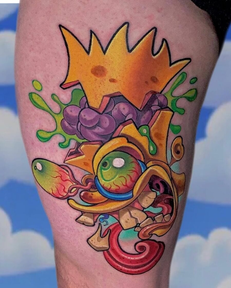 This new school tattoo features a, cartoonish monster bursting with color.