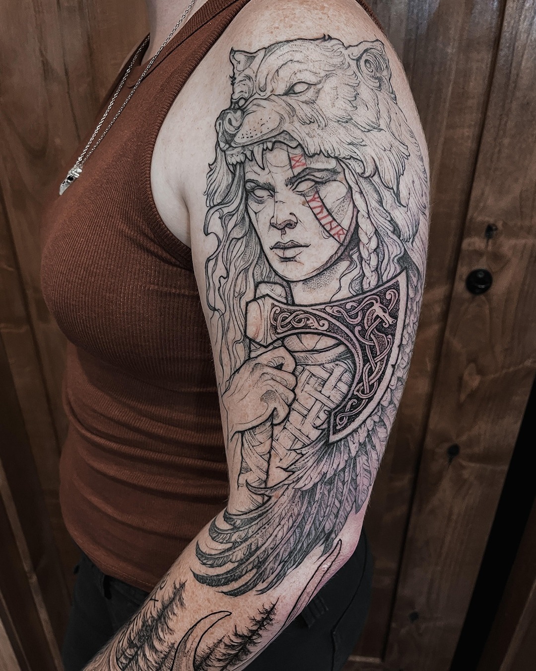 Viking Shieldmaiden and Axe Nordic Tattoo Tattoo Design