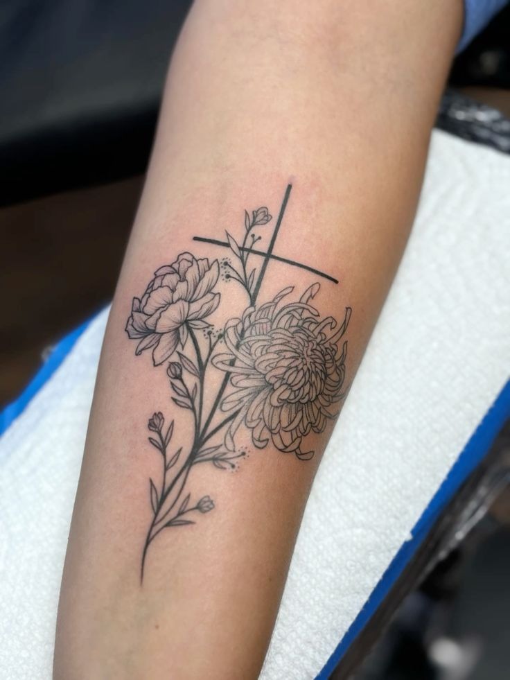 Chrysanthemum and Peony with Cross, a tattoo design rendered in clean detailed linework.