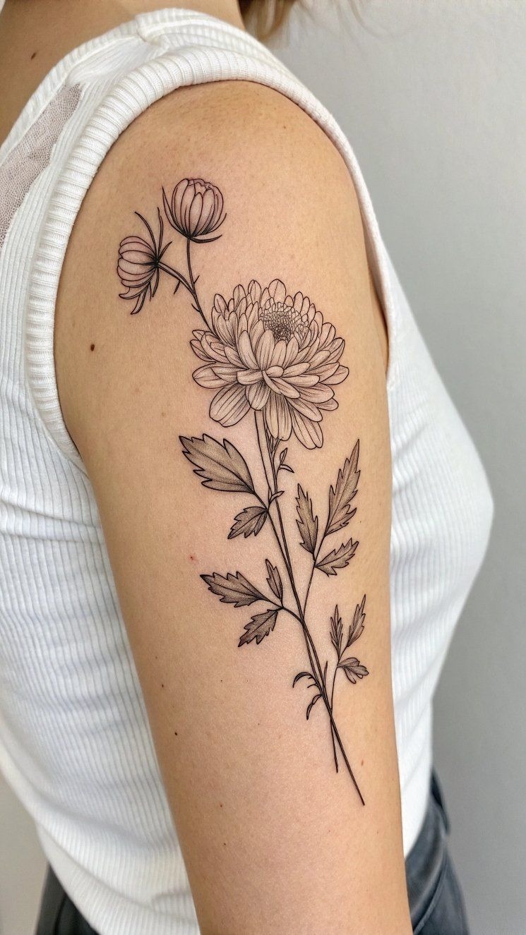 Elegant Single Stem Chrysanthemum, a tattoo design rendered in clean detailed linework.