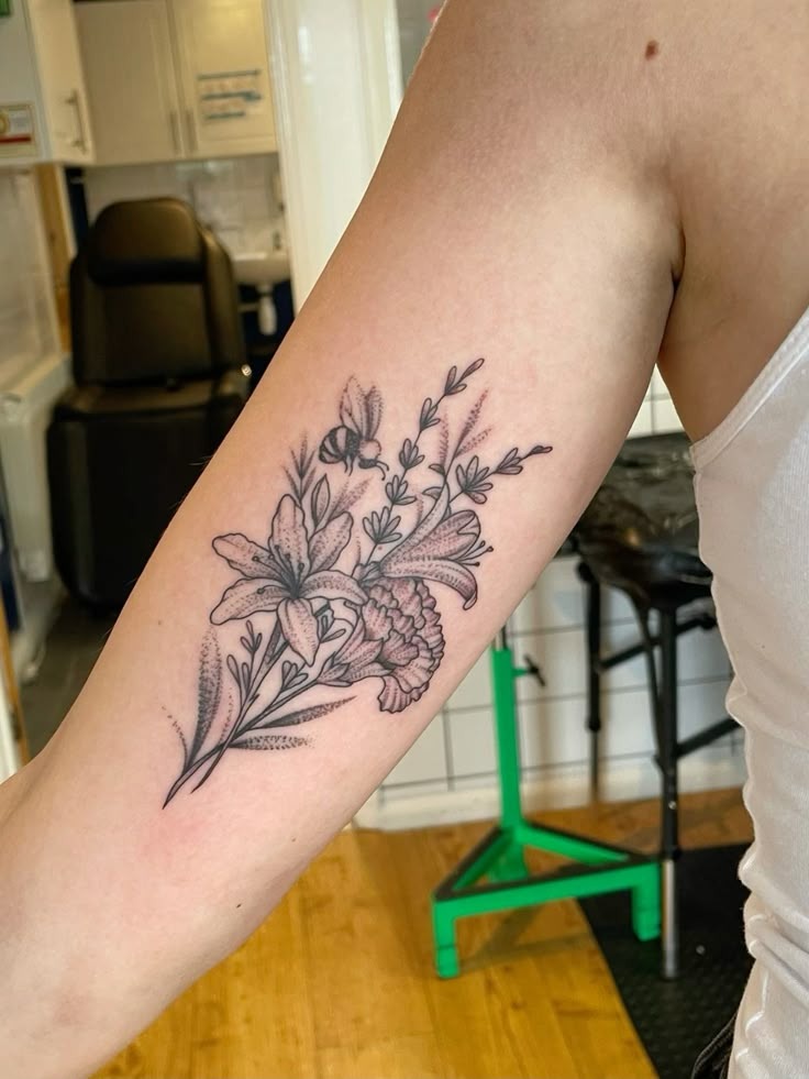 Lily and Chrysanthemum Combo, a tattoo design rendered in clean detailed linework.