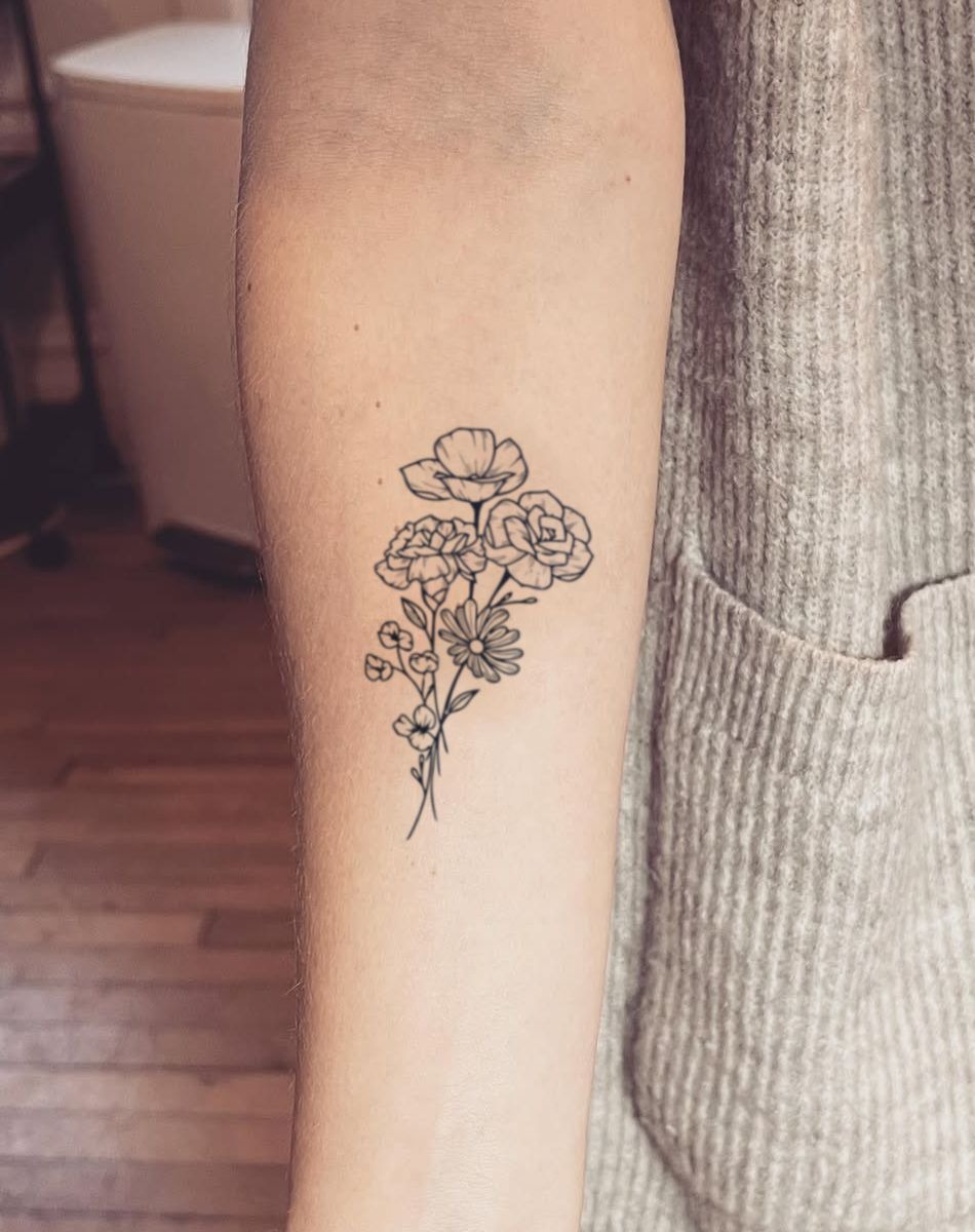 Mixed Wildflower Bouquet with Chrysanthemum, a tattoo design rendered in clean detailed linework.