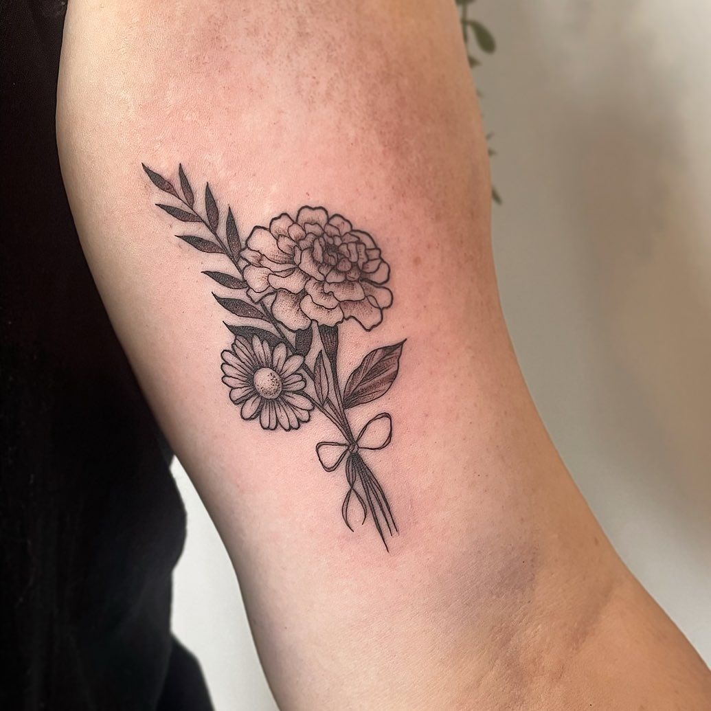 Shaded Bouquet with Bow, a tattoo design rendered in clean detailed linework.