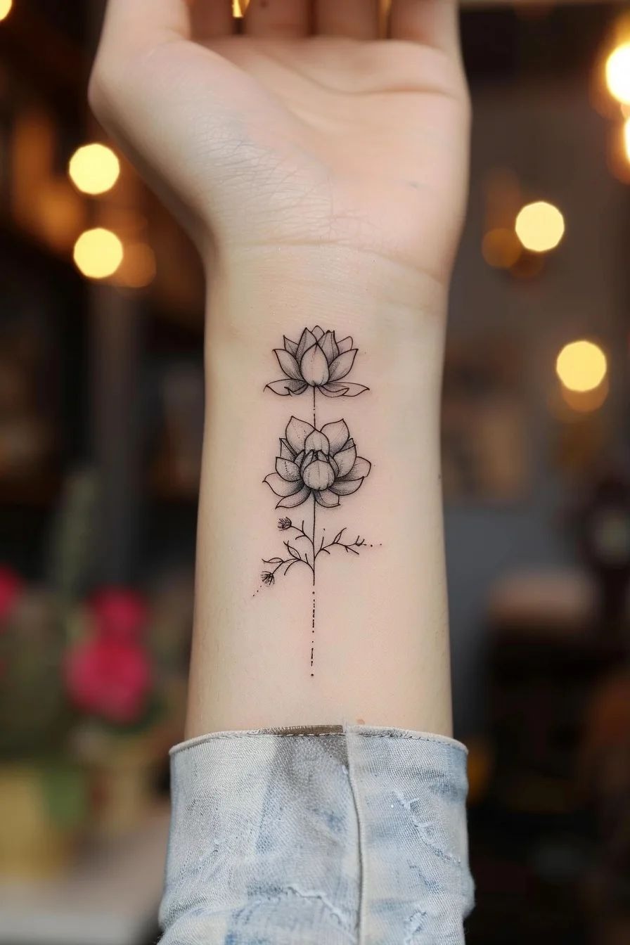 Twin Lotus Wrist Tattoo, a tattoo design rendered in fine-line.