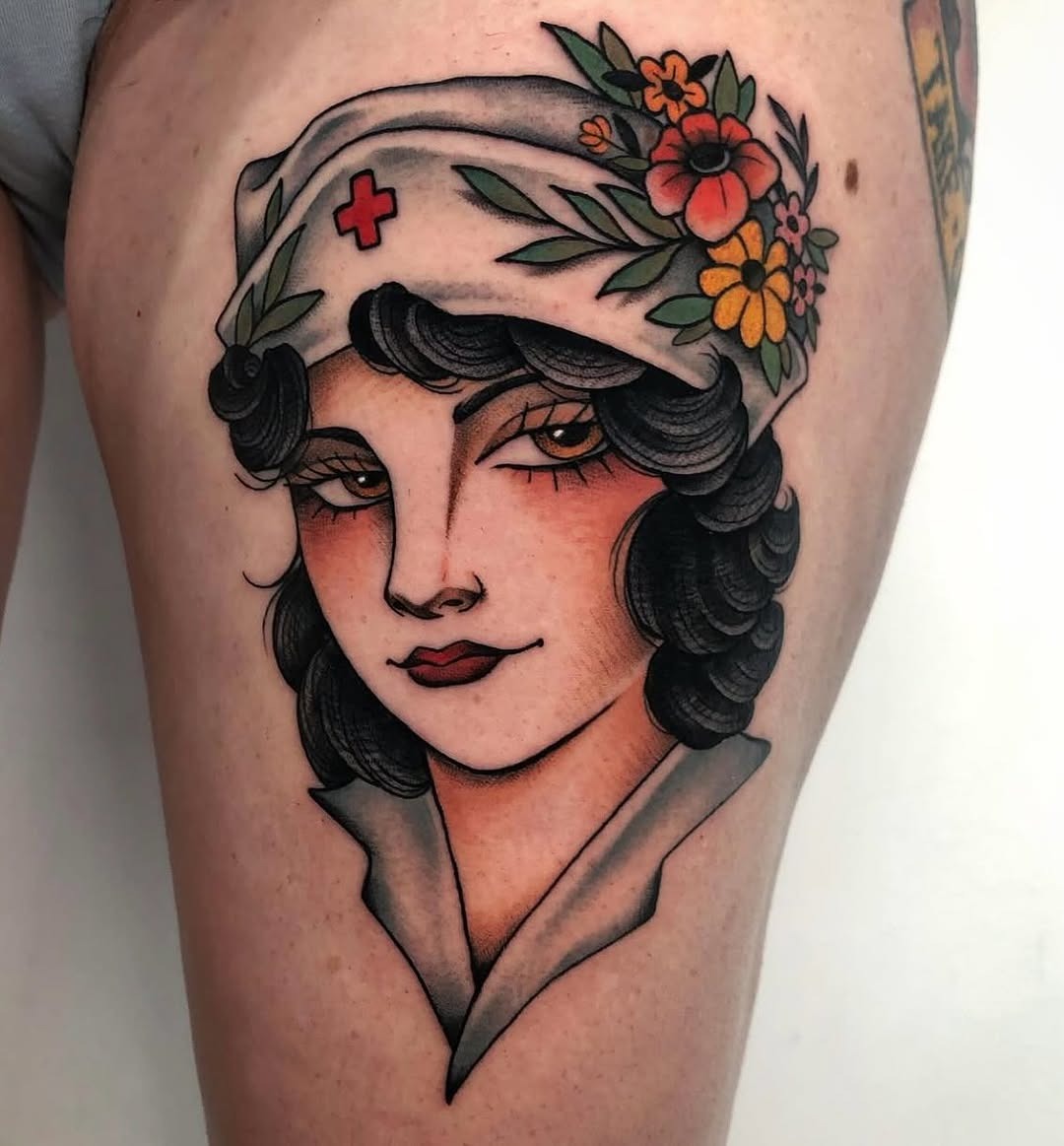 Charming Nurse Tattoo with Floral Headband Tattoo Design
