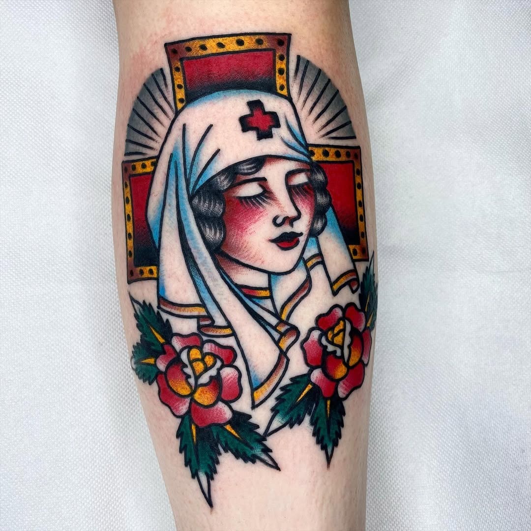 Vibrant Nurse Tattoo with Floral Accents Tattoo Design