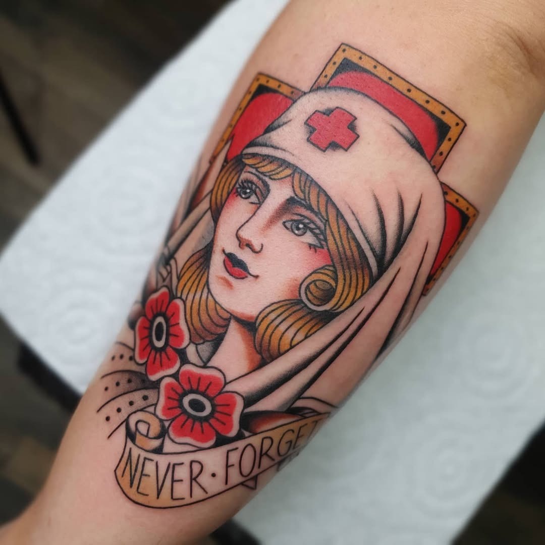 Vintage nurse tattoo design with vibrant colors Tattoo Design