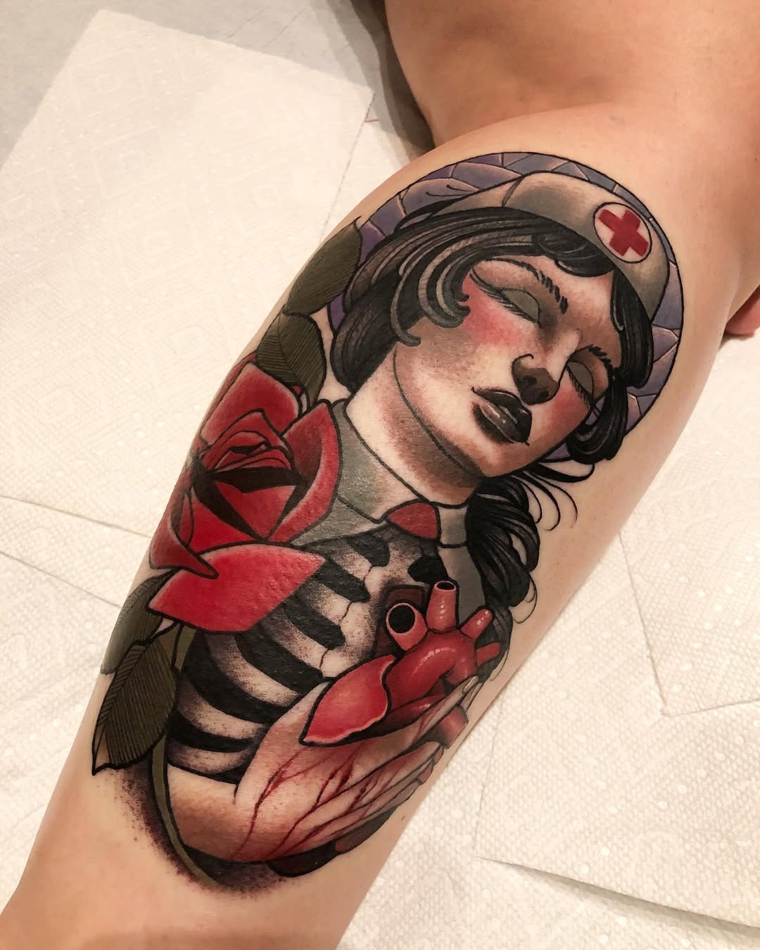 Vintage Nurse Tattoo with Heart and Roses Tattoo Design