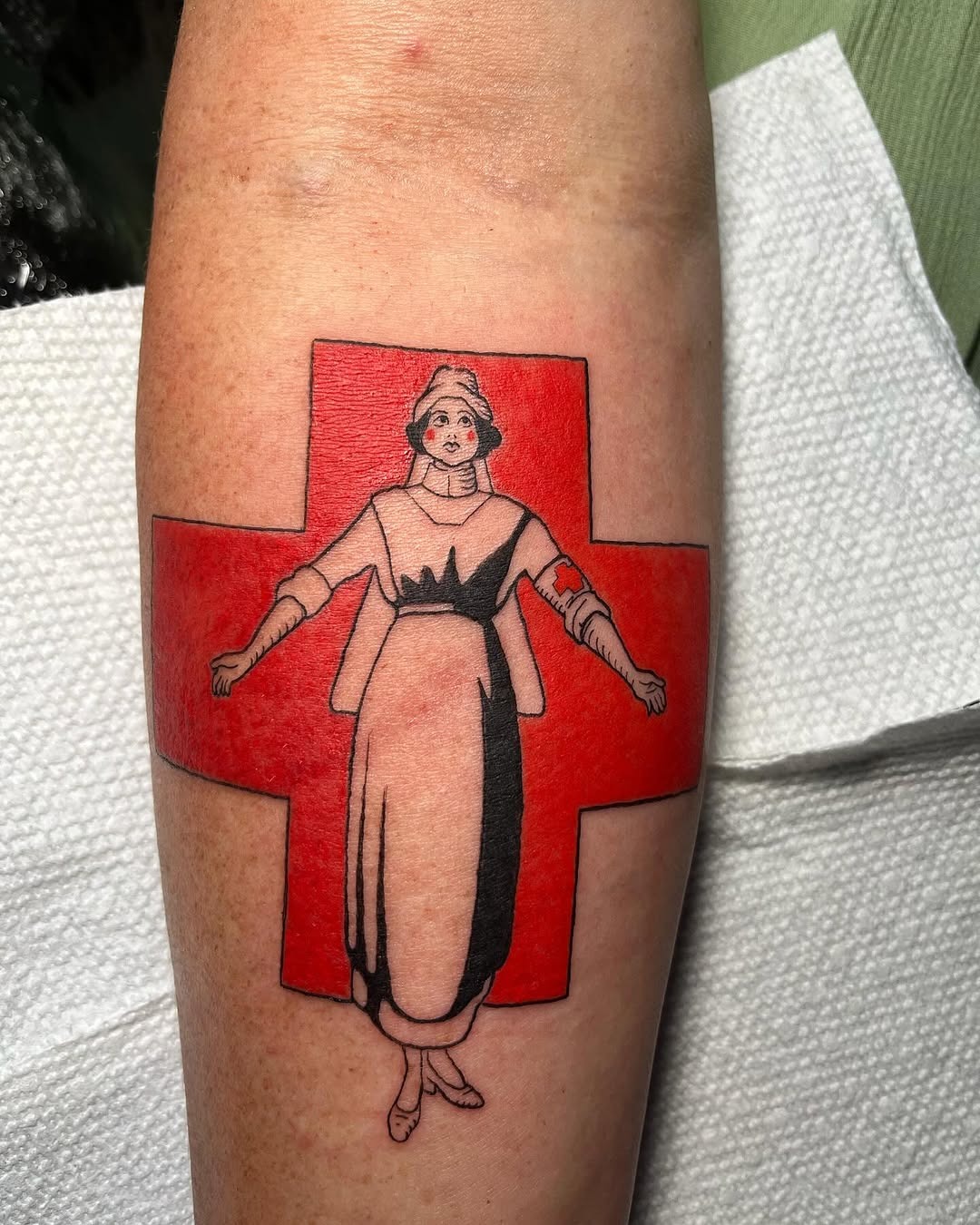 Vintage nurse tattoo with red cross background Tattoo Design