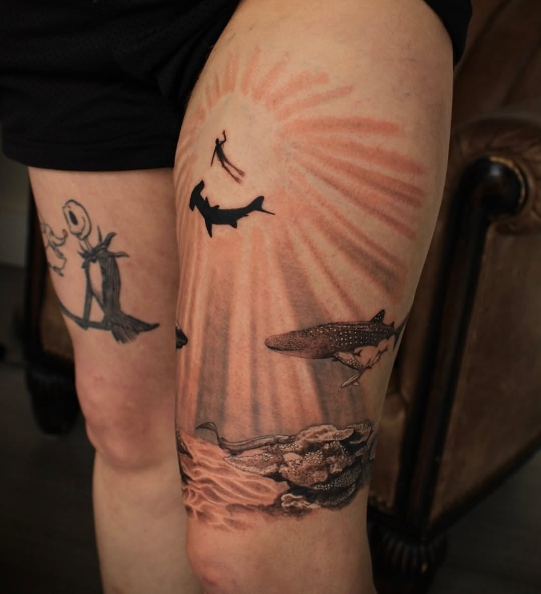 Stunning ocean-themed shark tattoos in sunset Tattoo Design
