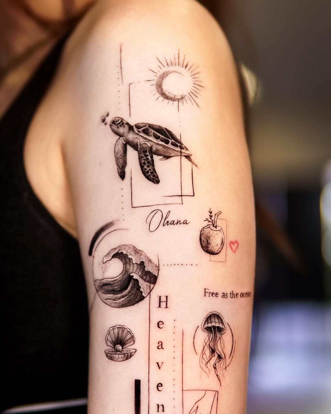 Whimsical ocean-themed tattoo collection on arm Tattoo Design