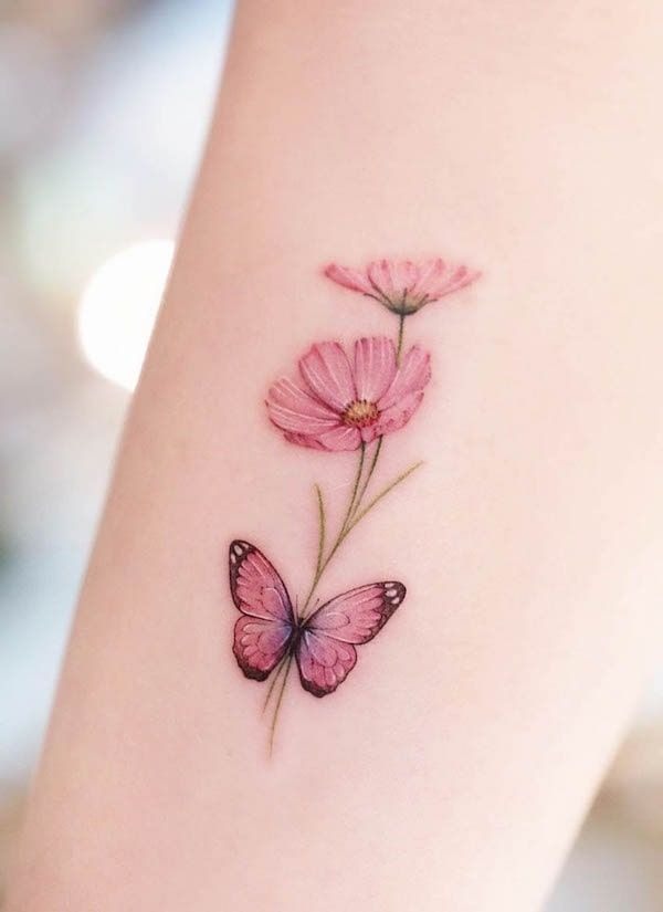 Cosmos Watercolor Tattoo with Date Tattoo Design