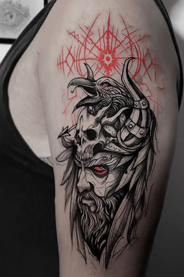 Odin and Raven Skull Composition Tattoo Design