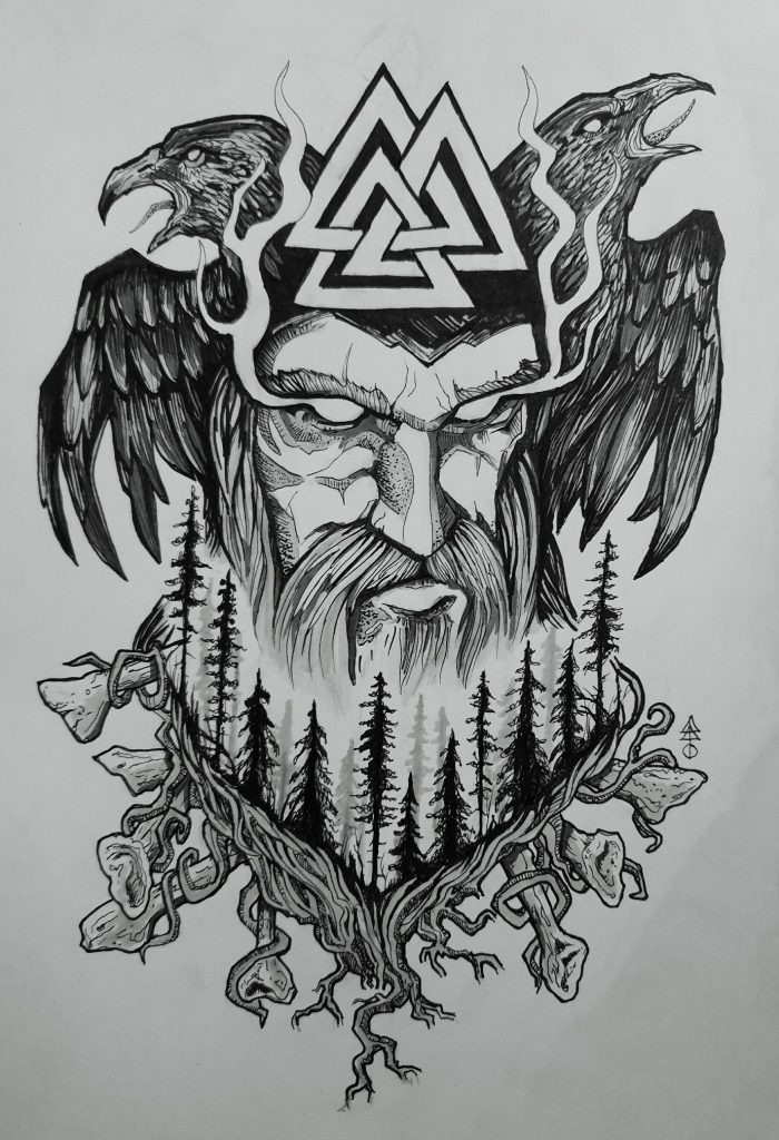 Odin with Forest and Raven Motifs Tattoo Design