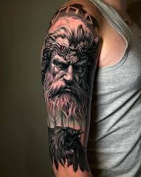 Odin with Helm and Raven Tattoo Design