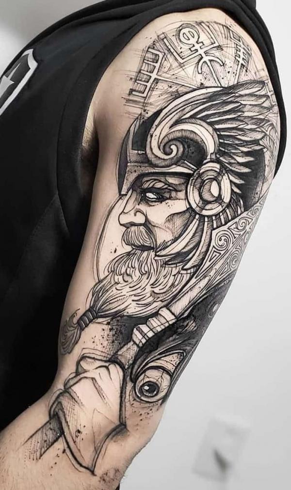 Odin with Viking Helmet and Symbols Tattoo Design