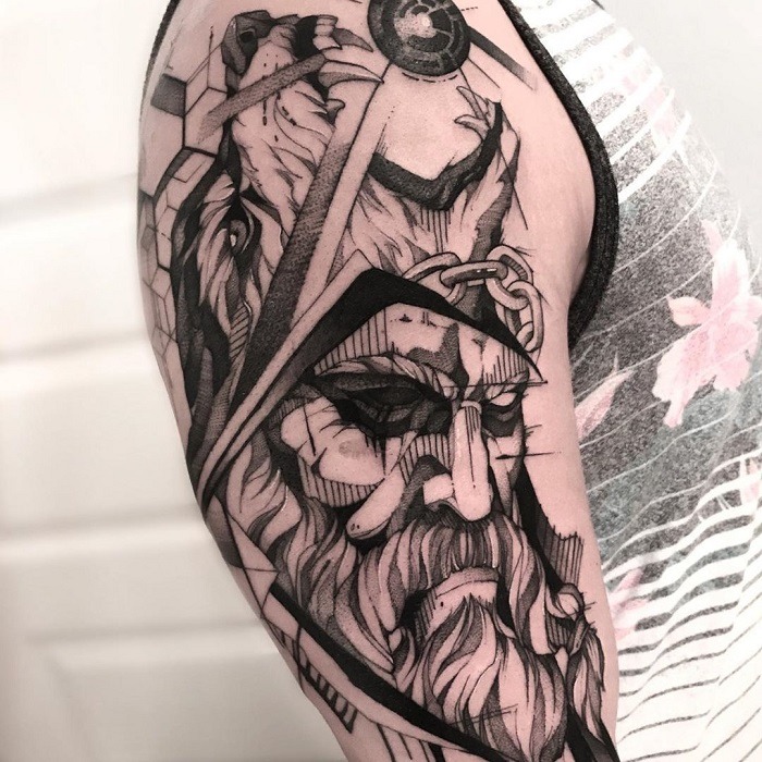 Odin with Viking Ship Tattoo Design