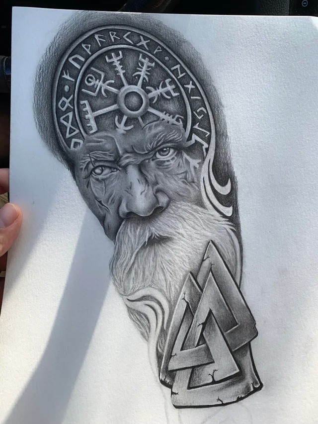 Rune-Covered Portrait of Odin Tattoo Design