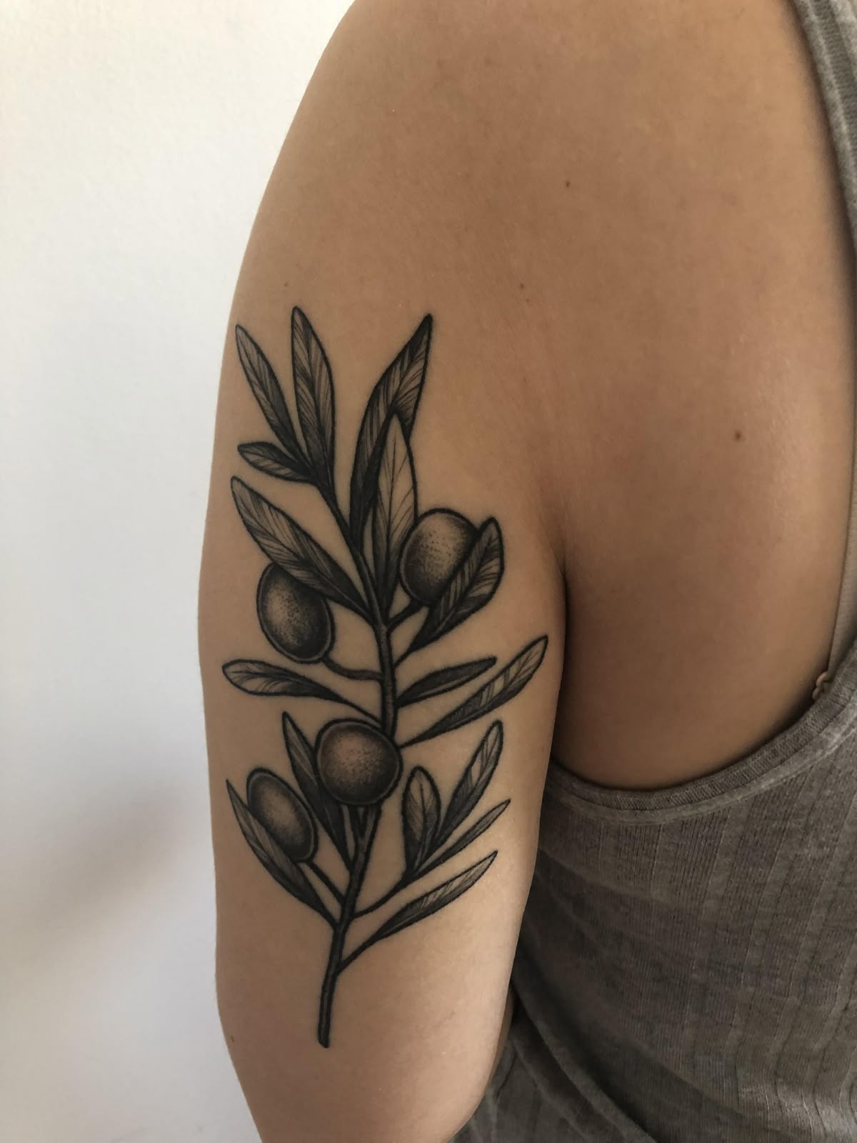 Bold Black Olive Branch on the Upper Arm, a tattoo design rendered in clean detailed linework.