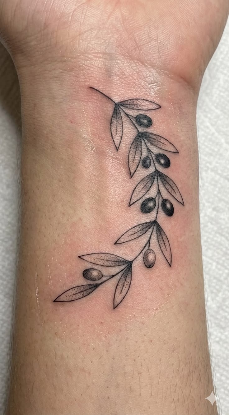 Curved Olive Branch with Tiny Black Olives, a tattoo design rendered in minimalist fine-line.