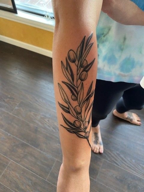 Large Outline Olive Branch on the Forearm, a tattoo design rendered in bold traditional.
