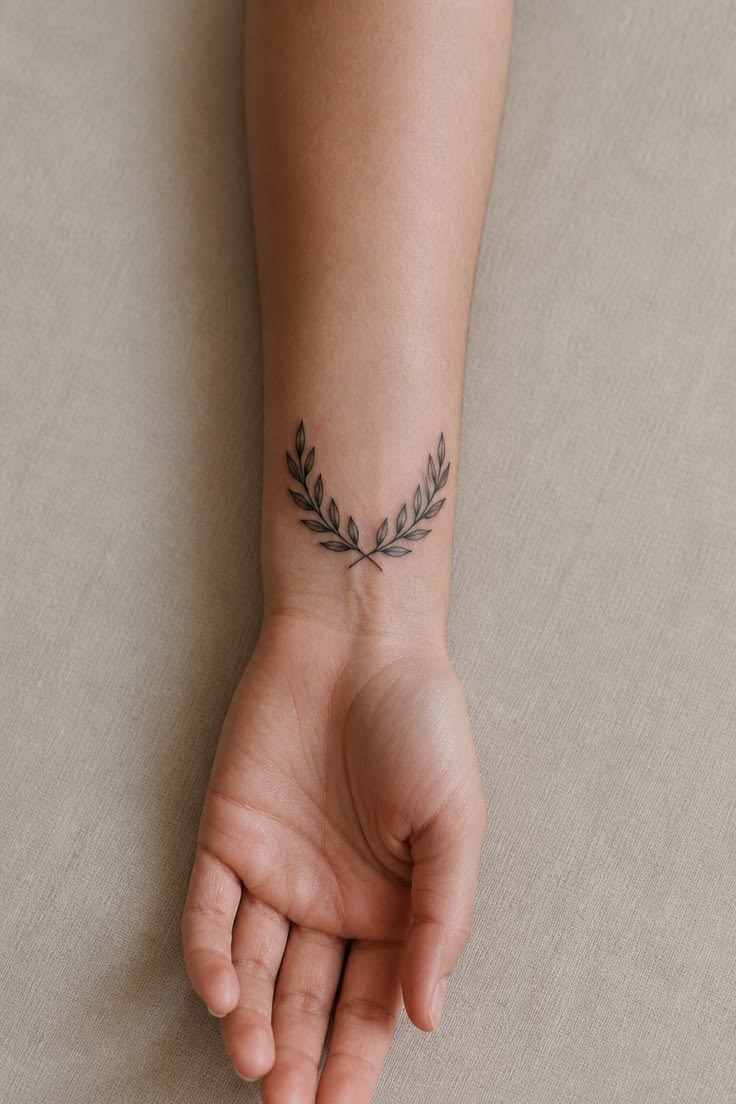 Minimalist Olive Wreath at the Wrist, a tattoo design rendered in bold traditional.