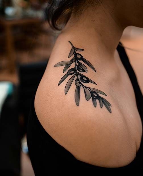 Petite Black and Gray Olive Branch on the Shoulder, a tattoo design rendered in clean detailed linework.