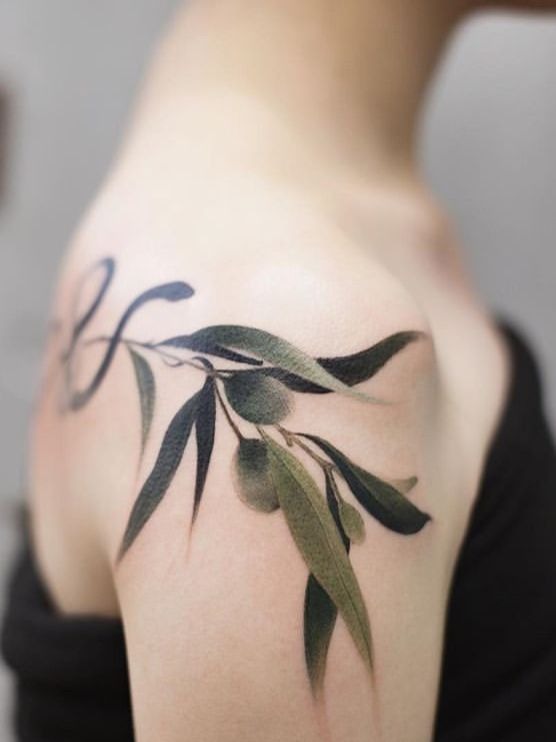 Watercolor Olive Branch on the Upper Arm, a tattoo design rendered in clean detailed linework.