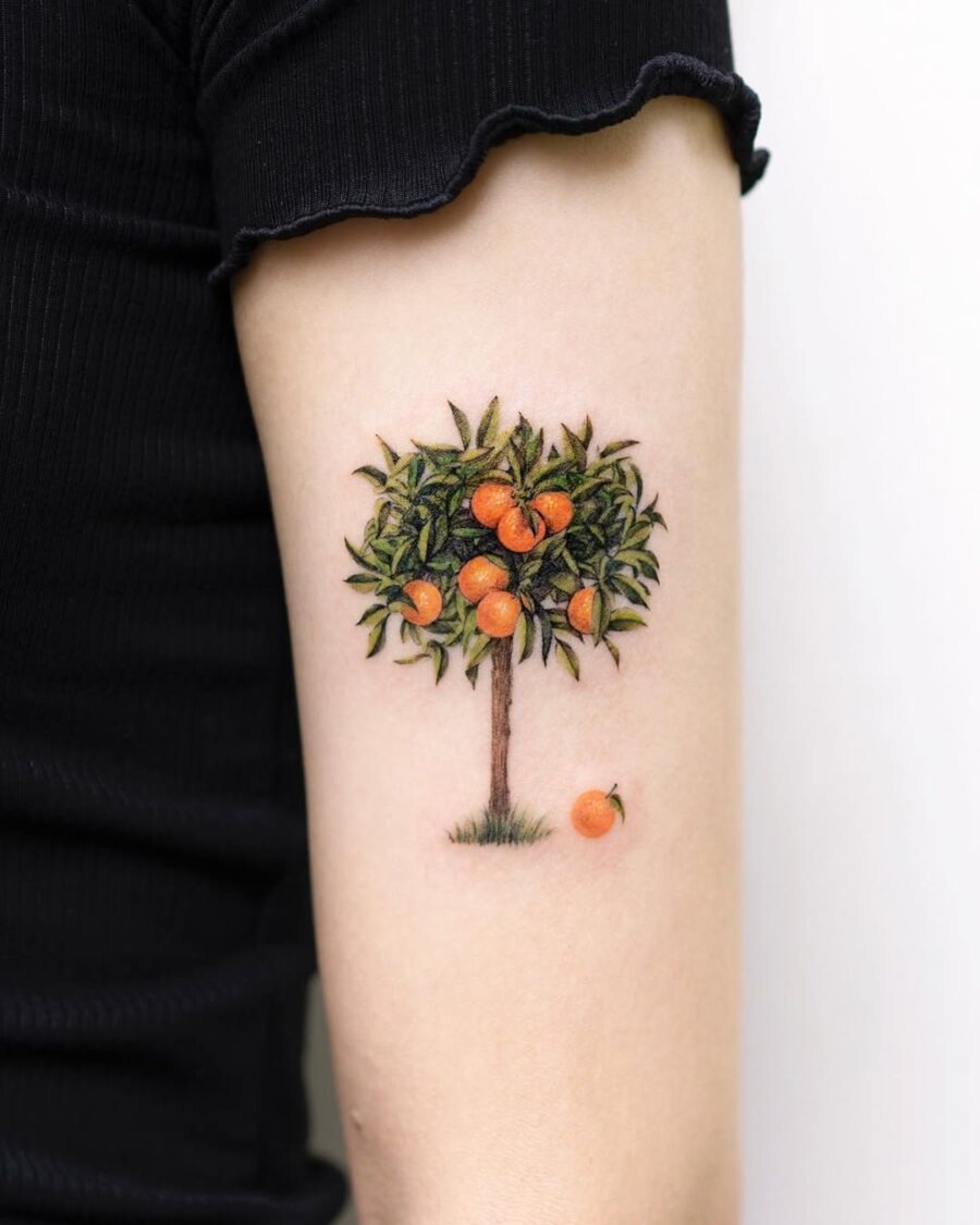 Vibrant Orange Tree Tattoo with Lush Foliage Tattoo Design