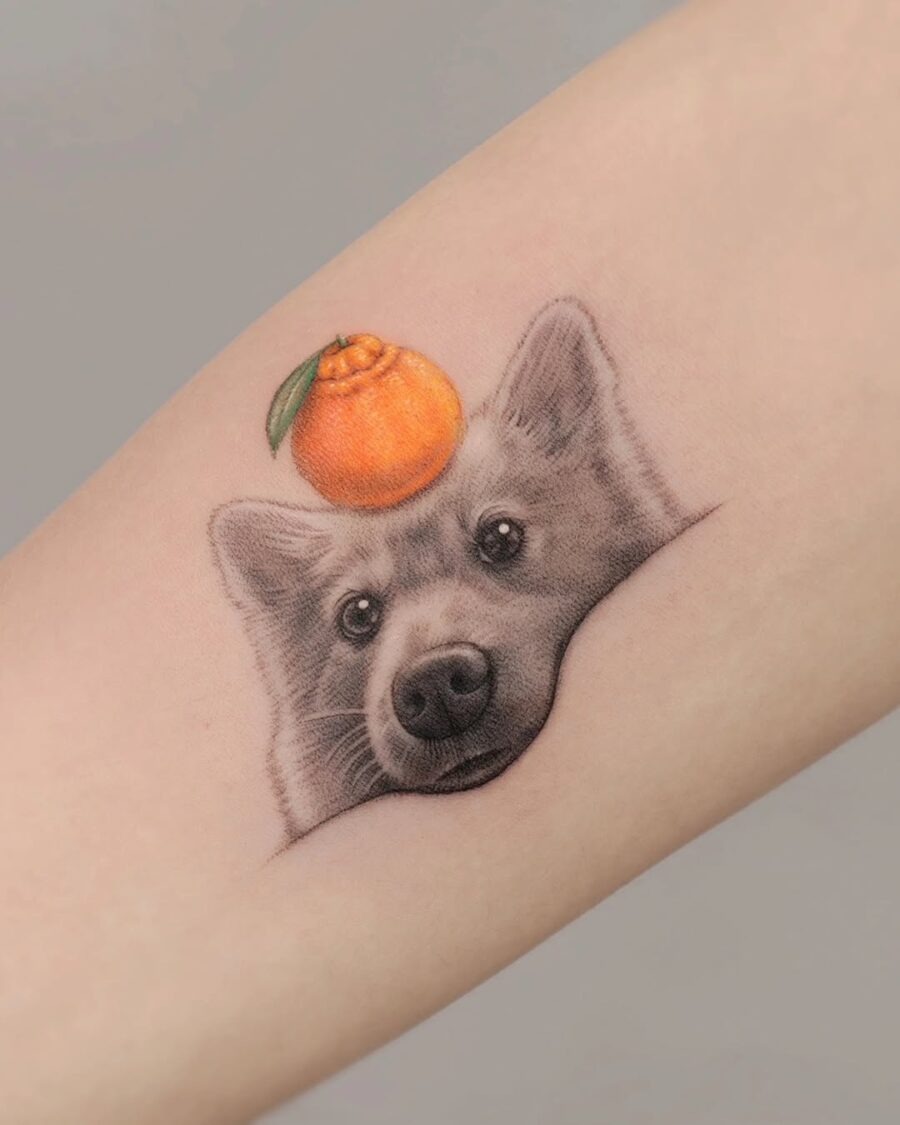 Whimsical wolf tattoo with an orange twist Tattoo Design