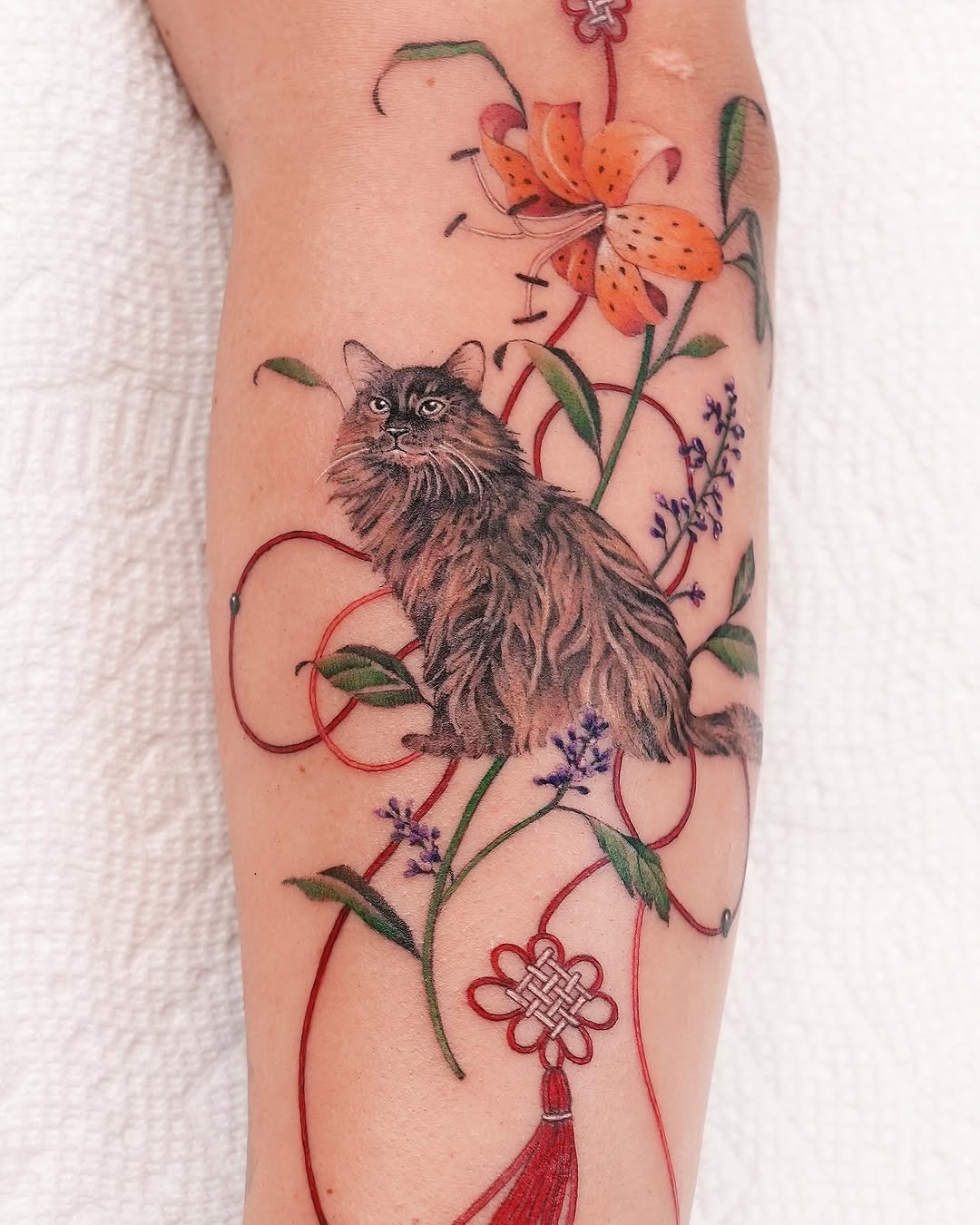 Captivating blend of feline and floral motifs Tattoo Design