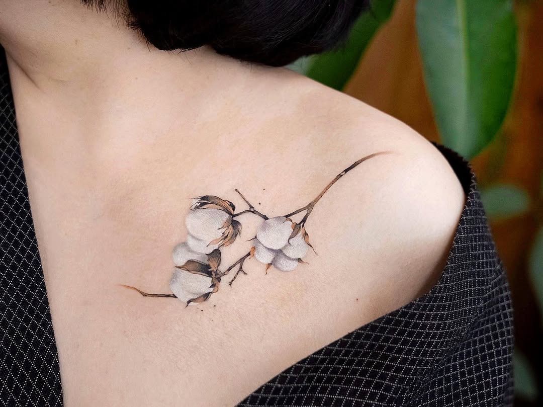Elegant cotton flower tattoo on shoulder Tattoo Design