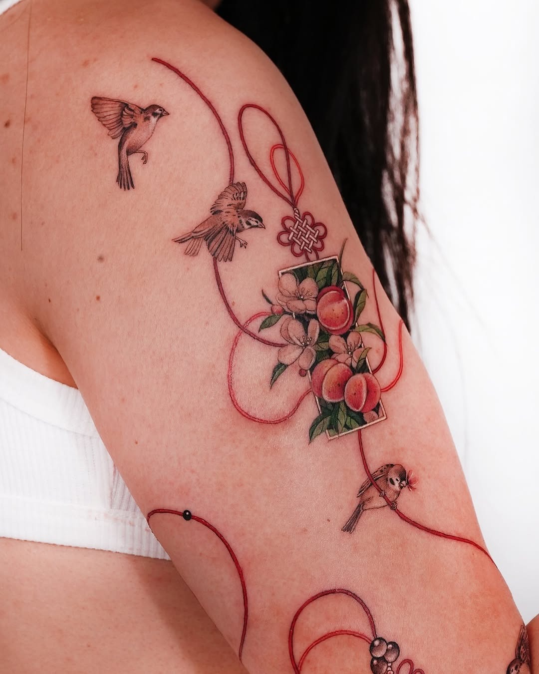 Elegant Oriental Tattoo with Birds and Peaches Tattoo Design