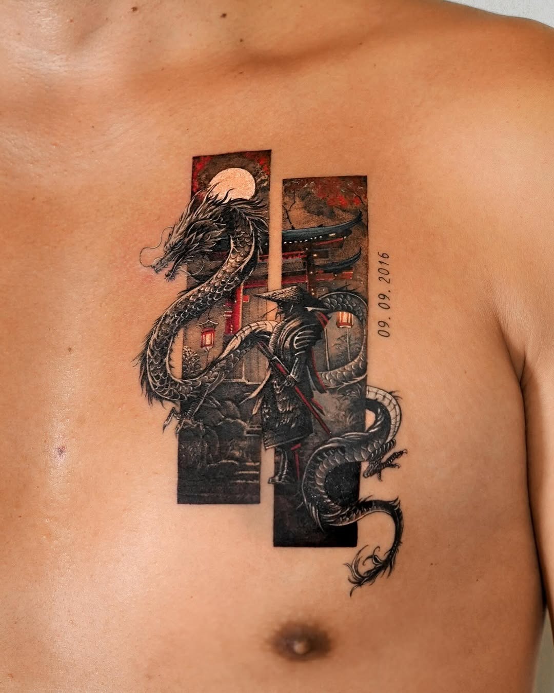 Intricate oriental dragon and samurai tattoo design Tattoo Design