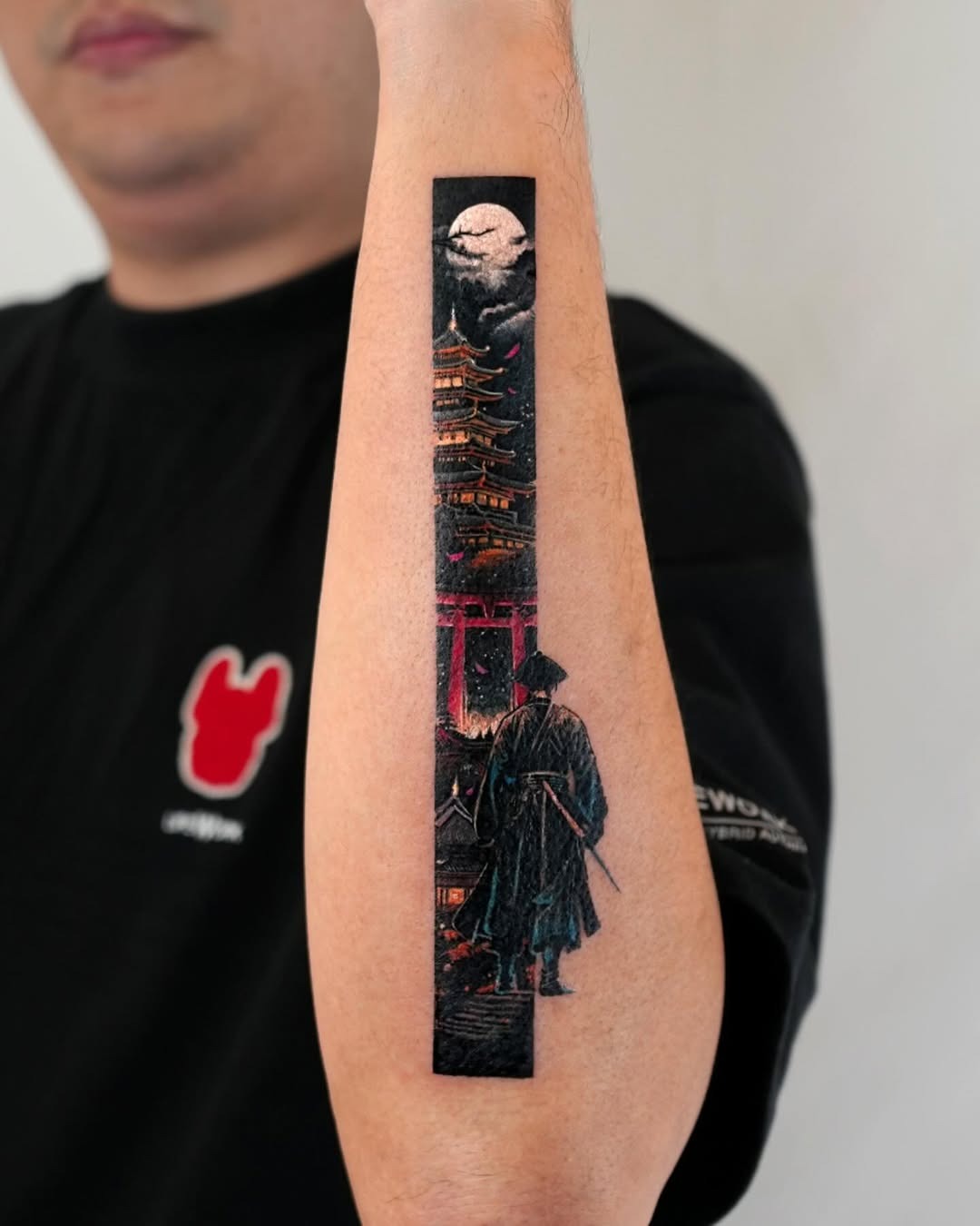 Striking samurai silhouette with traditional elements Tattoo Design