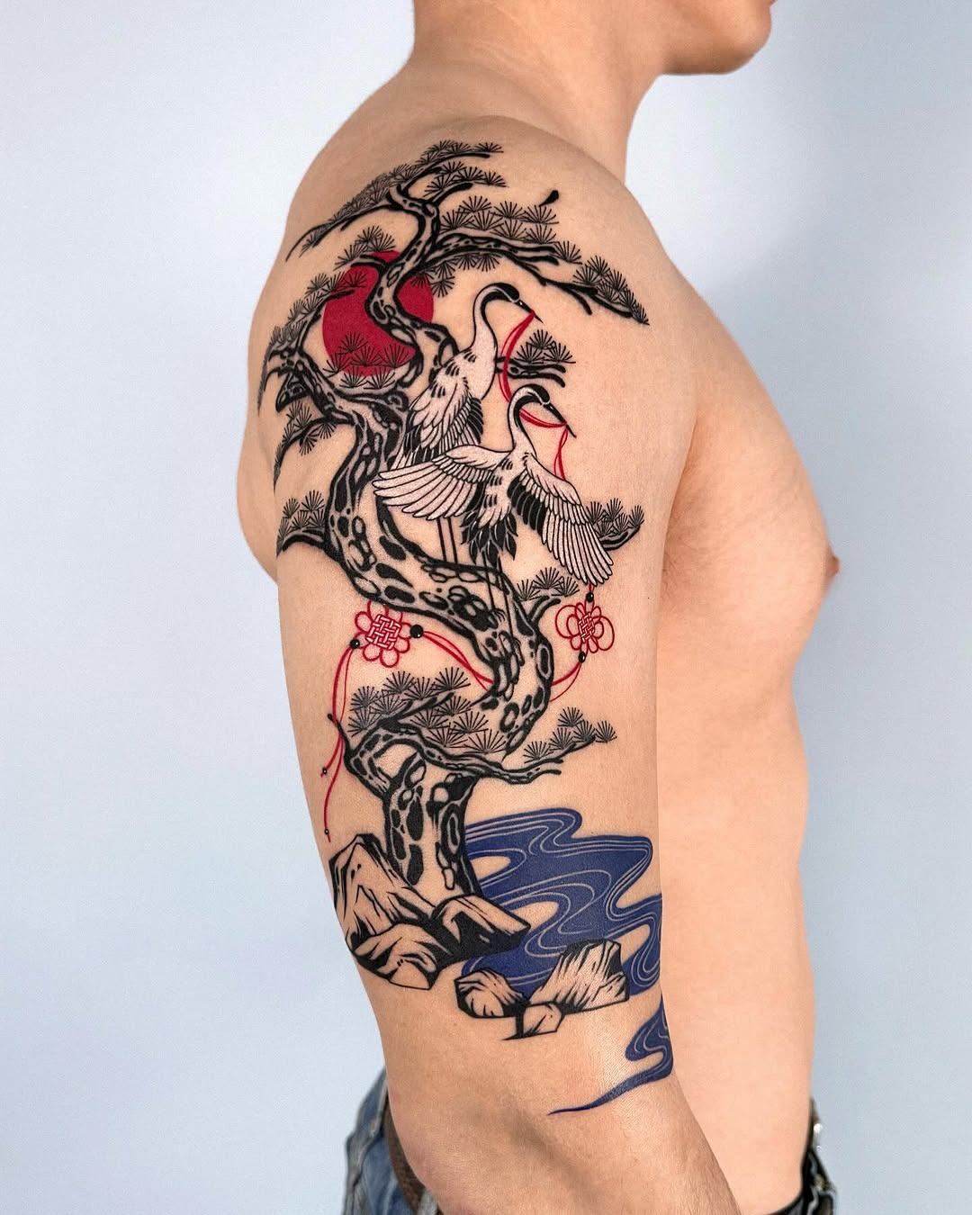 Stunning Crane and Pine Tree Tattoo Design Tattoo Design