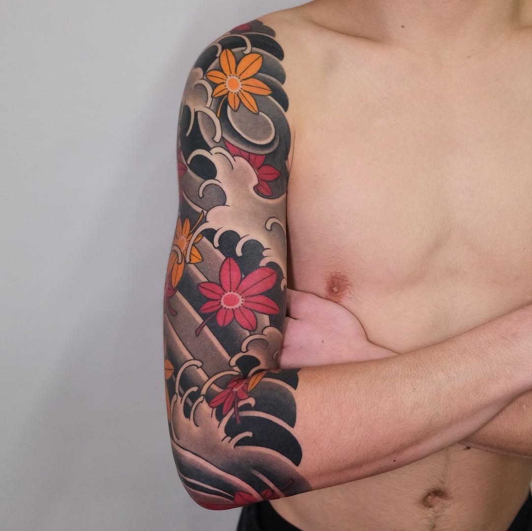 Stunning Floral and Wave Oriental Tattoo Design Tattoo Design
