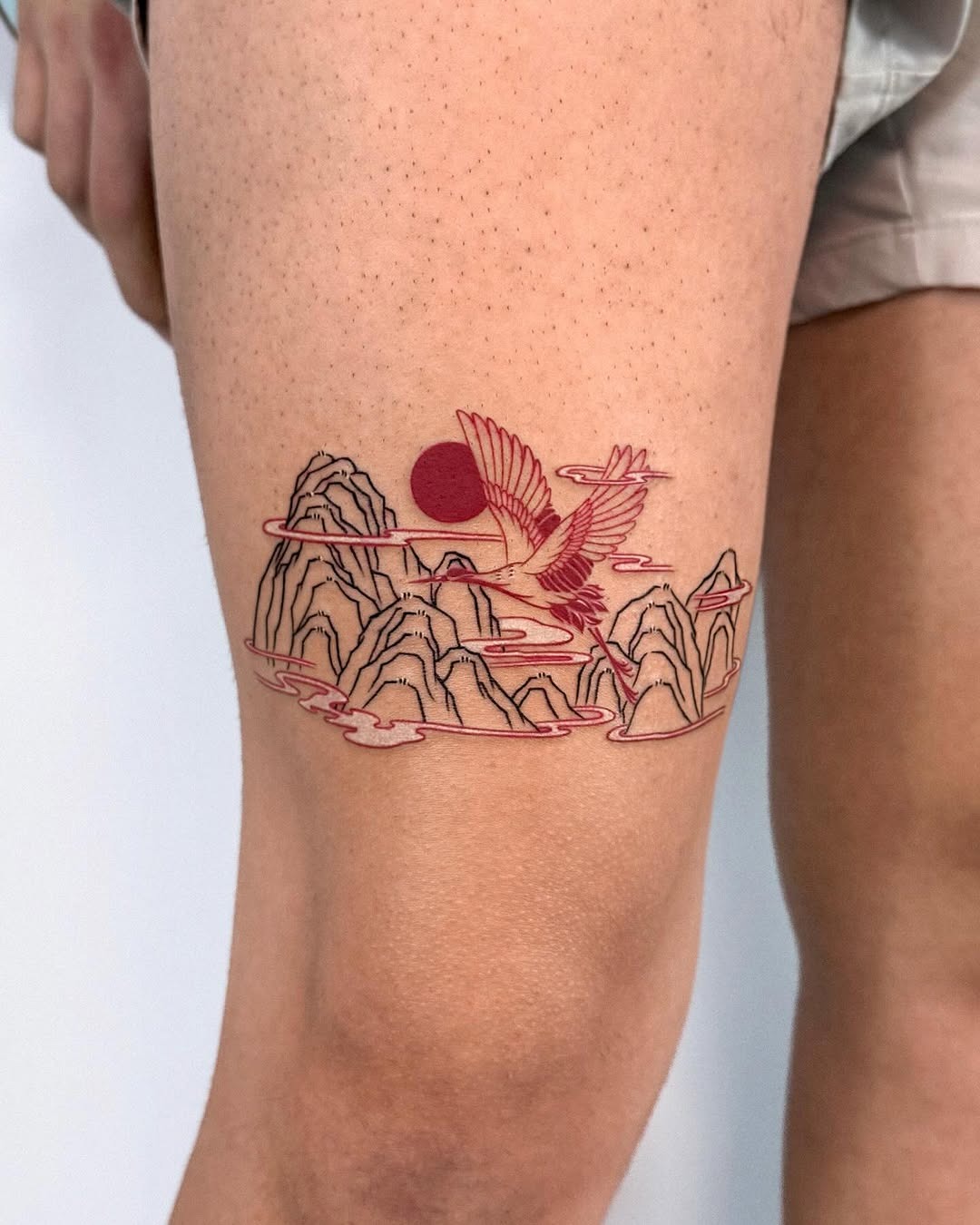 Stunning Oriental Landscape with Soaring Bird Tattoo Tattoo Design