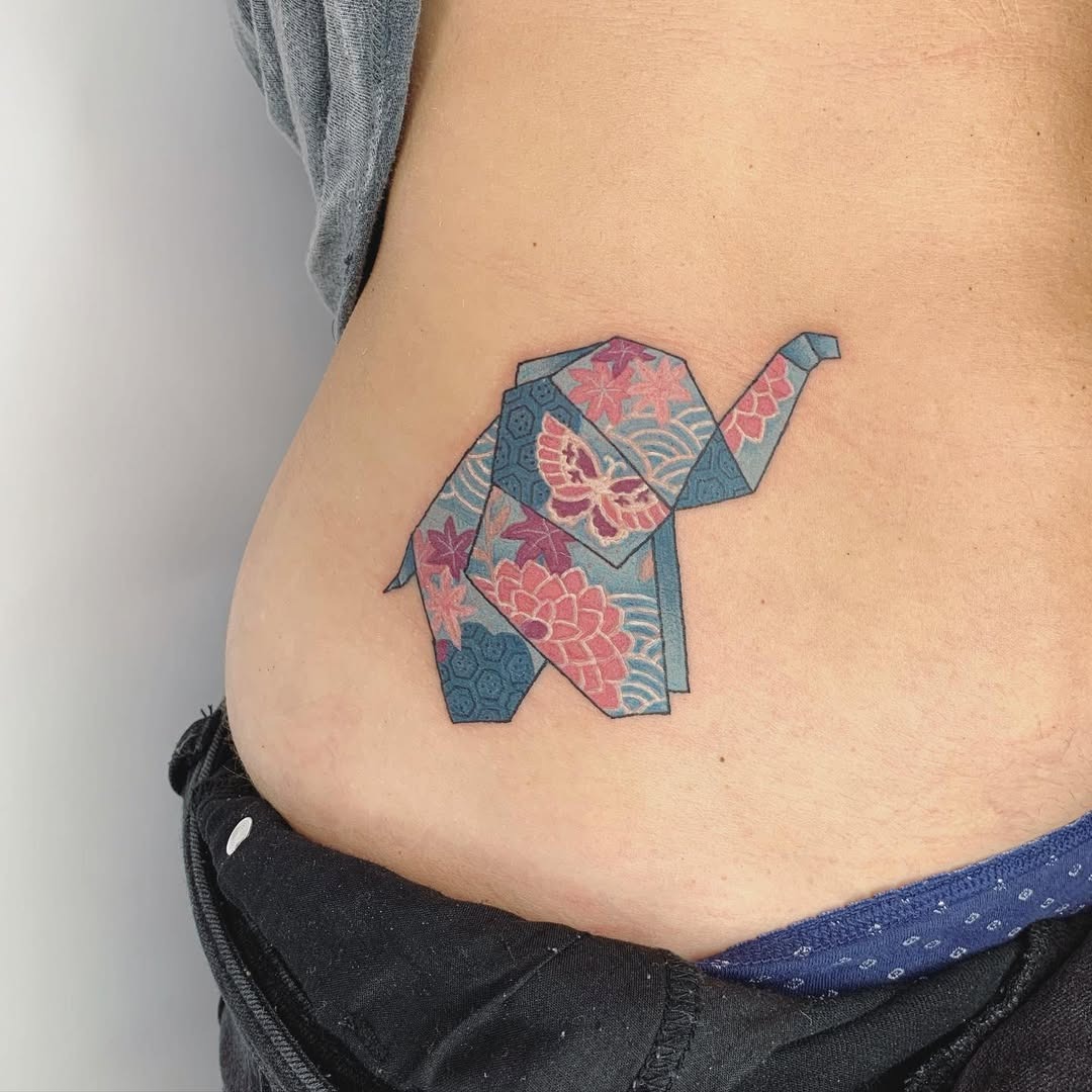 Colorful Elephant Origami Tattoo on Side Tattoo Design
