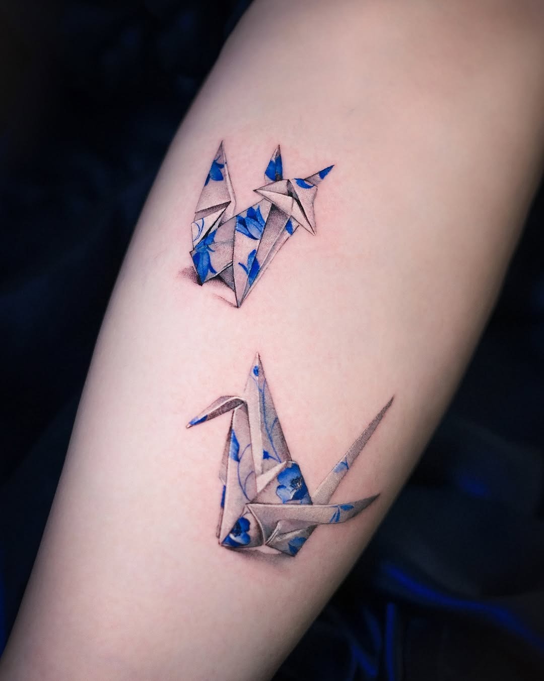 Dazzling Origami Bird Tattoos with Floral Touch Tattoo Design