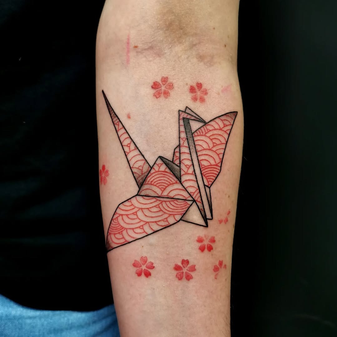 Elegant Origami Crane Tattoo Design in Red Tattoo Design